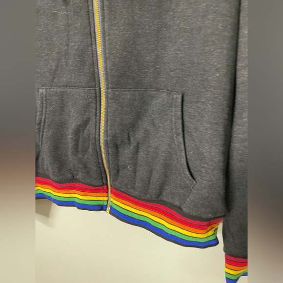 AVIATOR NATION Rainbow Rib Charcoal Gray full zip hoodie rainbow cuffs MEDIUM - Picture 4 of 7